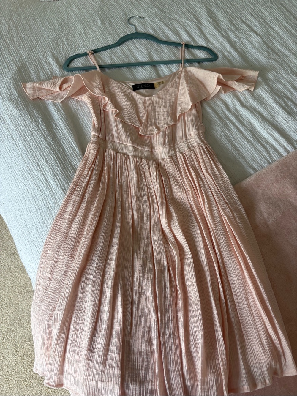 Guess Blush Pink Off-Shoulder Ruffled Midi Dress